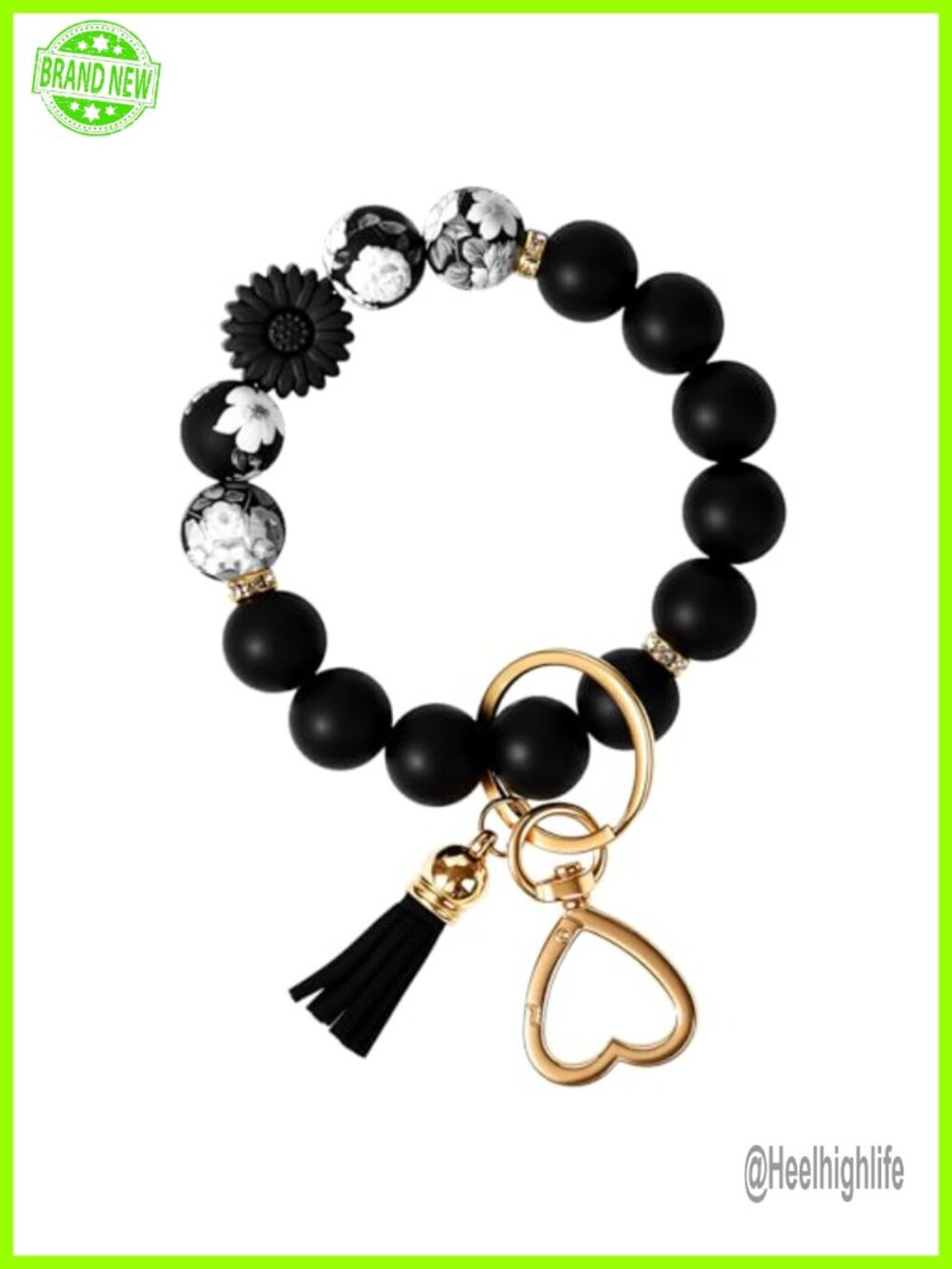 Silicone Beaded Wristlet Keychain with Heart Clasp and Leather Tassel for Women